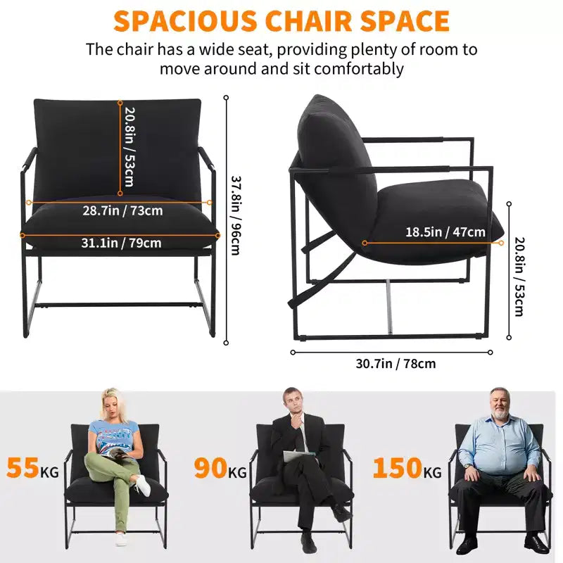 Fauteuil moderne rembourré Acekool, fauteuil de salon à cadre métallique avec coussin amovible, lin gris clair pour le salon