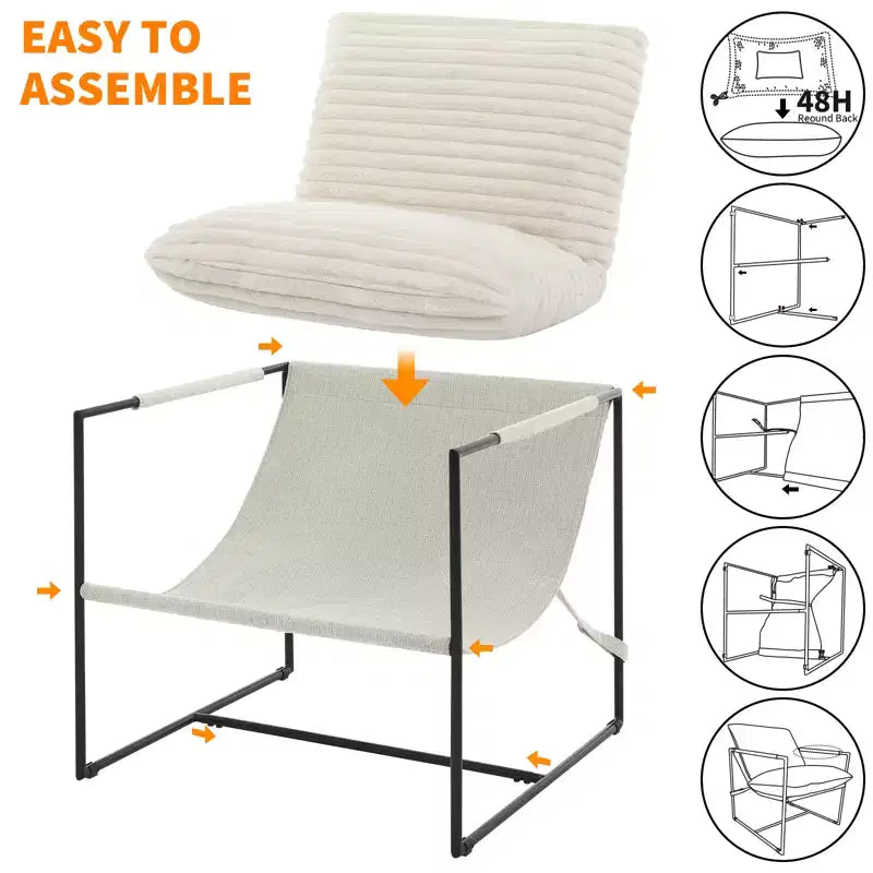Fauteuil moderne rembourré Acekool, fauteuil de salon à cadre métallique avec coussin amovible, lin gris clair pour le salon