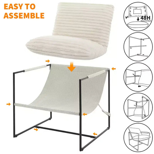 Fauteuil moderne rembourré Acekool, fauteuil de salon à cadre métallique avec coussin amovible, lin gris clair pour le salon