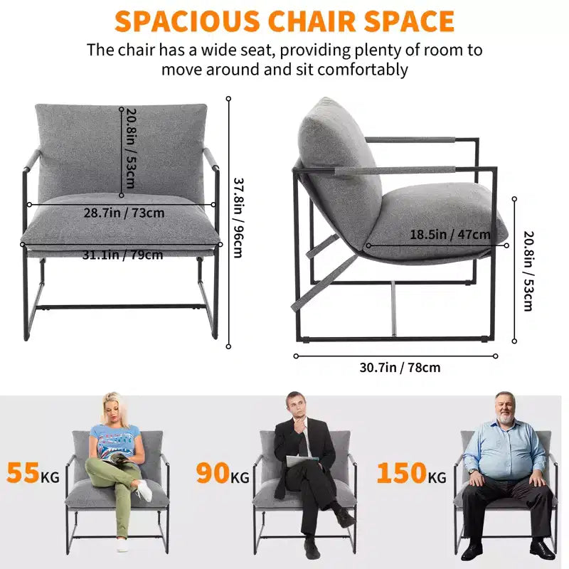 Fauteuil moderne rembourré Acekool, fauteuil de salon à cadre métallique avec coussin amovible, lin gris clair pour le salon