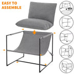 Fauteuil moderne rembourré Acekool, fauteuil de salon à cadre métallique avec coussin amovible, lin gris clair pour le salon