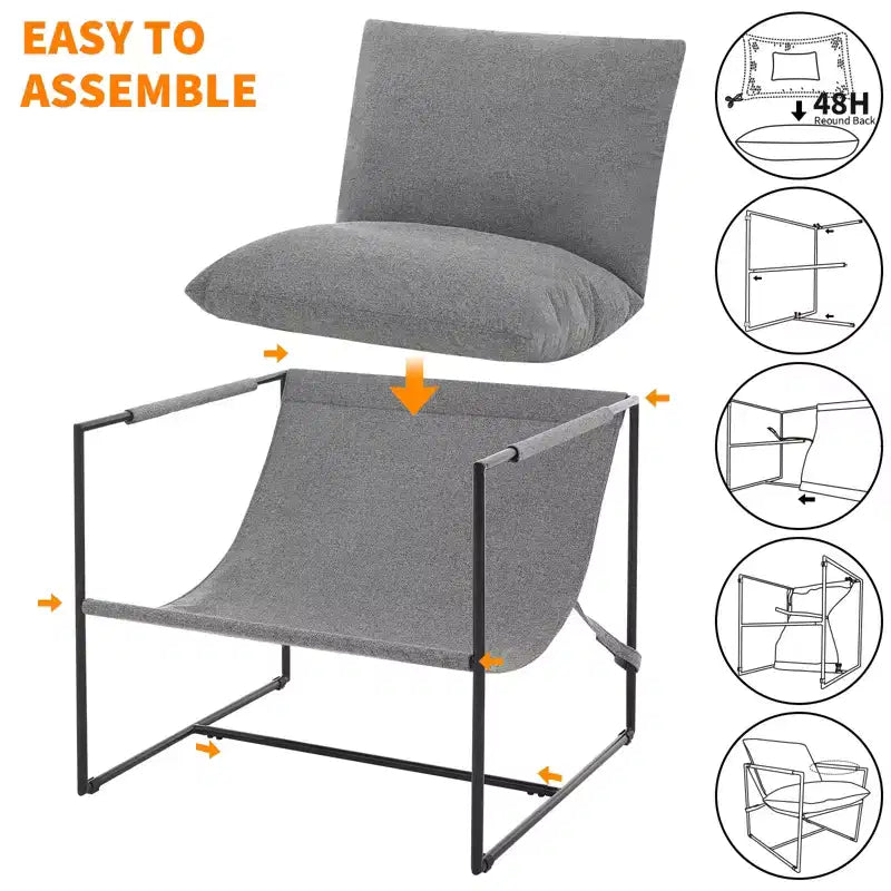 Fauteuil moderne rembourré Acekool, fauteuil de salon à cadre métallique avec coussin amovible, lin gris clair pour le salon
