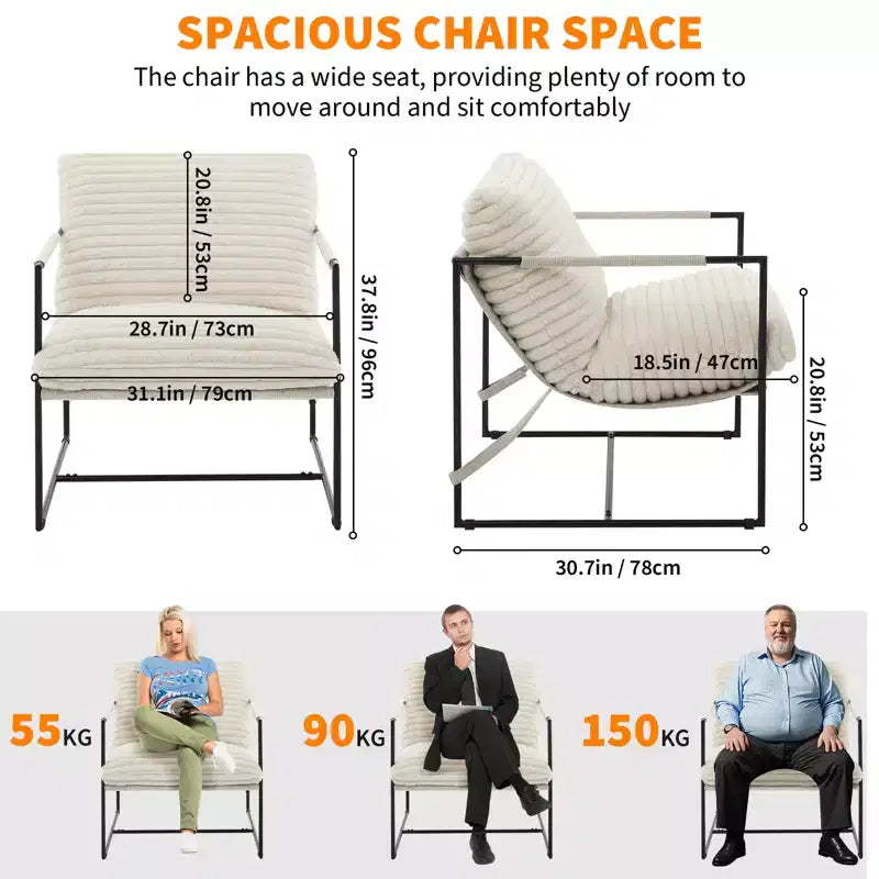 Fauteuil moderne rembourré Acekool, fauteuil de salon à cadre métallique avec coussin amovible, lin gris clair pour le salon
