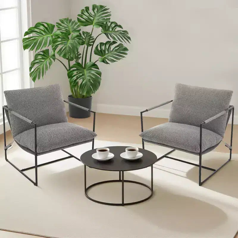 Fauteuil moderne rembourré Acekool, fauteuil de salon à cadre métallique avec coussin amovible, lin gris clair pour le salon
