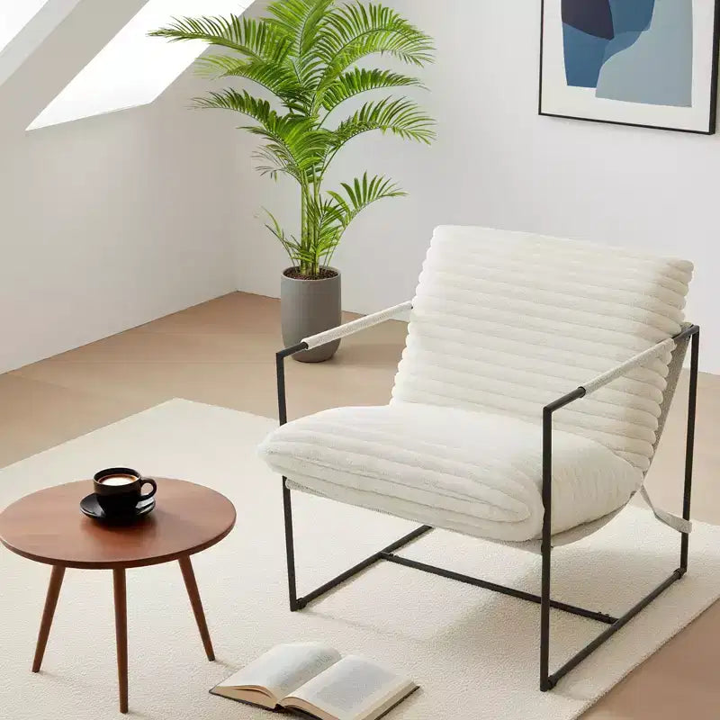 Fauteuil moderne rembourré Acekool, fauteuil de salon à cadre métallique avec coussin amovible, lin gris clair pour le salon