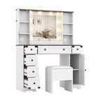 Makeup Vanity with Soft Cushioned Stool, Farmhouse Dressing Table with 6 Drawers & 2 Cabinet & Open Shelves