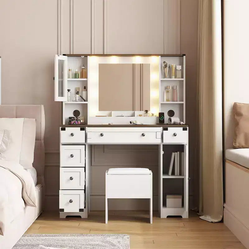 Coiffeuse avec tabouret rembourré doux, coiffeuse de style ferme avec 6 tiroirs, 2 placards et étagères ouvertes