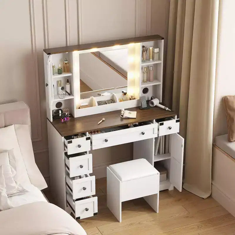 Coiffeuse avec tabouret rembourré doux, coiffeuse de style ferme avec 6 tiroirs, 2 placards et étagères ouvertes