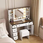 Coiffeuse avec tabouret rembourré doux, coiffeuse de style ferme avec 6 tiroirs, 2 placards et étagères ouvertes