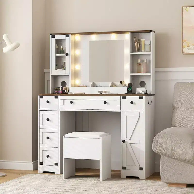 Coiffeuse avec tabouret rembourré doux, coiffeuse de style ferme avec 6 tiroirs, 2 placards et étagères ouvertes