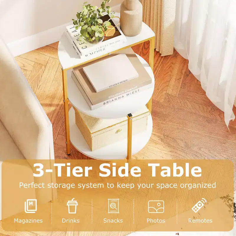 Table d'appoint ronde à 3 niveaux Costway avec étagères de rangement et cadre en métal pour chambre à coucher