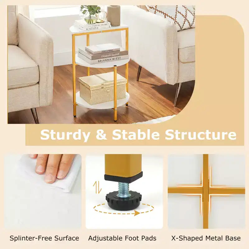 Table d'appoint ronde à 3 niveaux Costway avec étagères de rangement et cadre en métal pour chambre à coucher