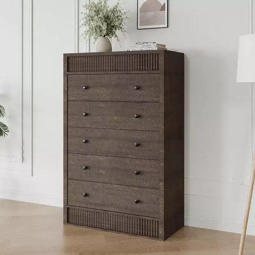 5-Drawer Tall Walnut Dresser, 31.5 Wide Fluted Chest of Drawers Modern Wood Storage Cabinet for Bedroom Kids Room Hallway Living Room