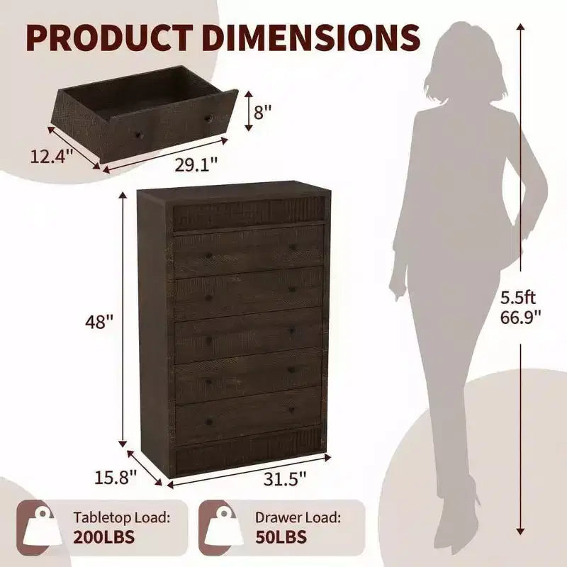 Commode haute à 5 tiroirs en noyer, 80 cm de large, commode cannelée, meuble de rangement moderne en bois pour chambre à coucher, chambre d'enfant, couloir, salon