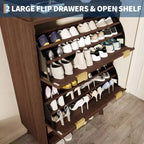 Meuble à chaussures, organiseur d'entrée, armoire cannelée de 122 cm de haut avec 2 tiroirs basculants, étagère ouverte, profil incurvé