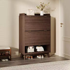 Meuble à chaussures, organiseur d'entrée, armoire cannelée de 122 cm de haut avec 2 tiroirs basculants, étagère ouverte, profil incurvé
