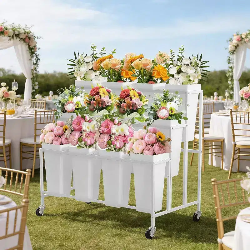 Support de présentation de fleurs avec 12 seaux carrés, Chariot de fleurs en métal avec roues pour patio, jardin, magasin, intérieur et extérieur