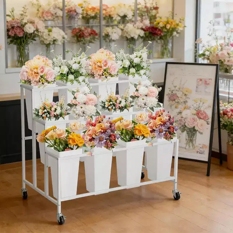Support de présentation de fleurs avec 12 seaux carrés, Chariot de fleurs en métal avec roues pour patio, jardin, magasin, intérieur et extérieur