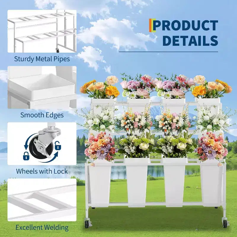 Support de présentation de fleurs avec 12 seaux carrés, Chariot de fleurs en métal avec roues pour patio, jardin, magasin, intérieur et extérieur