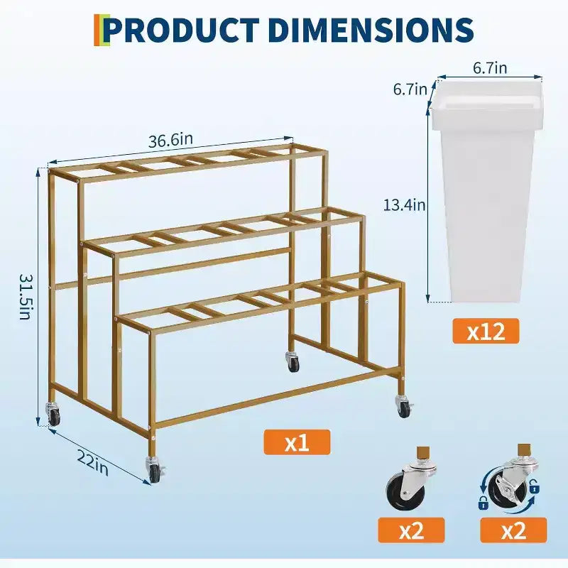 Support de présentation de fleurs avec 12 seaux carrés, Chariot de fleurs en métal avec roues pour patio, jardin, magasin, intérieur et extérieur