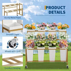 Support de présentation de fleurs avec 12 seaux carrés, Chariot de fleurs en métal avec roues pour patio, jardin, magasin, intérieur et extérieur