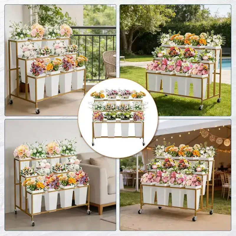 Support de présentation de fleurs avec 12 seaux carrés, Chariot de fleurs en métal avec roues pour patio, jardin, magasin, intérieur et extérieur