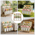 Support de présentation de fleurs avec 12 seaux carrés, Chariot de fleurs en métal avec roues pour patio, jardin, magasin, intérieur et extérieur