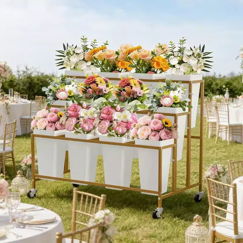 Support de présentation de fleurs avec 12 seaux carrés, Chariot de fleurs en métal avec roues pour patio, jardin, magasin, intérieur et extérieur