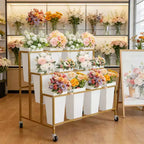 Support de présentation de fleurs avec 12 seaux carrés, Chariot de fleurs en métal avec roues pour patio, jardin, magasin, intérieur et extérieur