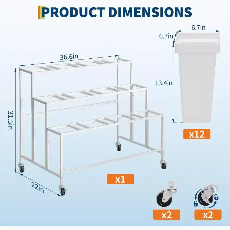 Support de présentation de fleurs avec 12 seaux carrés, Chariot de fleurs en métal avec roues pour patio, jardin, magasin, intérieur et extérieur