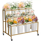 Flower Display Stand with 12 Square Buckets,Metal Flower Cart with Wheels for Patio, Garden, Shop, Indoor and Outdoor