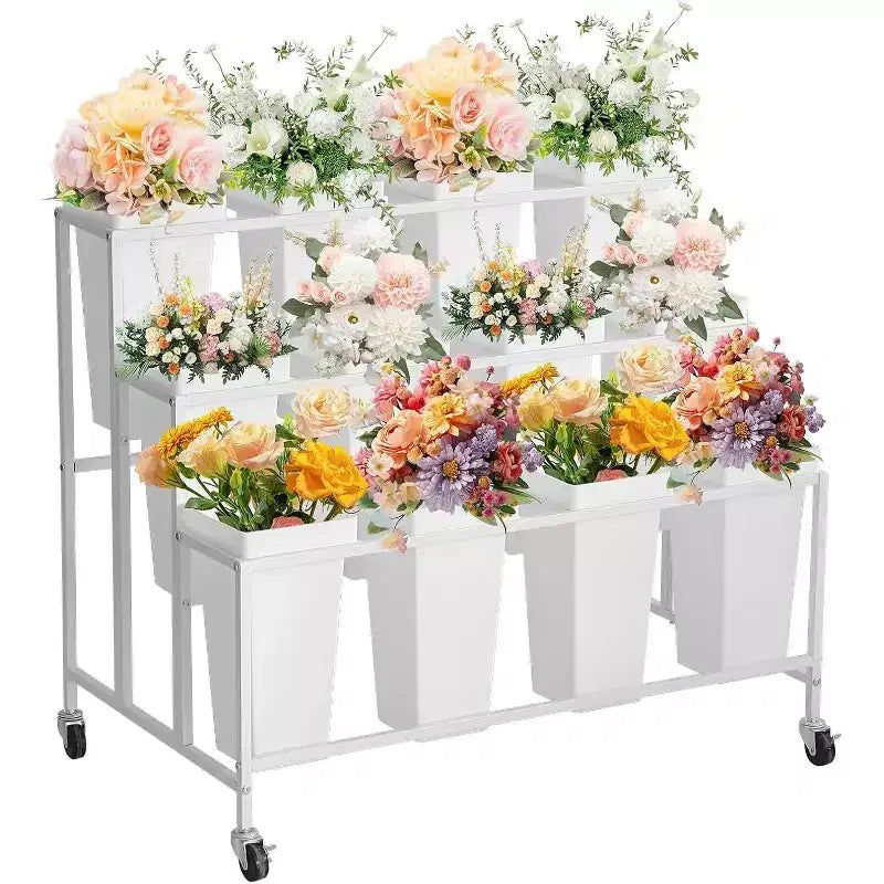 Support de présentation de fleurs avec 12 seaux carrés, Chariot de fleurs en métal avec roues pour patio, jardin, magasin, intérieur et extérieur