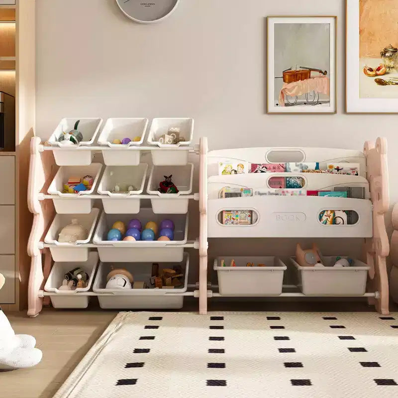 Organisateur de rangement de jouets pour enfants VIYET 34, unité en polyéthylène rose avec étagère à livres à 2 niveaux et 12 bacs de rangement (organisateur pour salle de jeux/chambre/salle de classe)
