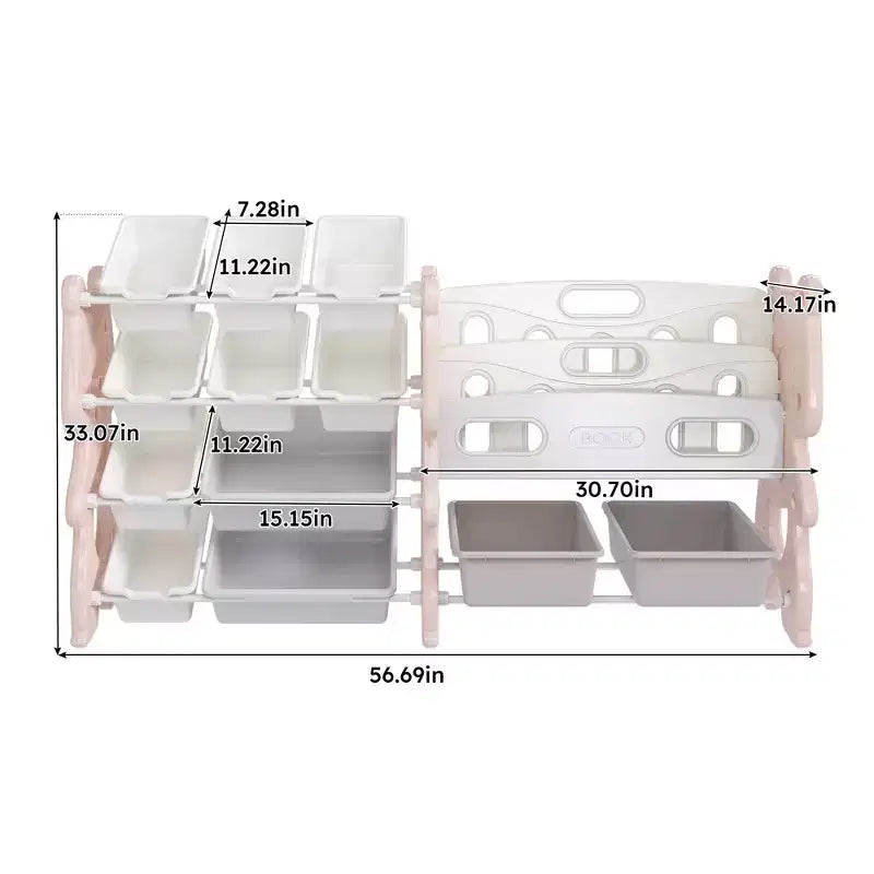 Organisateur de rangement de jouets pour enfants VIYET 34, unité en polyéthylène rose avec étagère à livres à 2 niveaux et 12 bacs de rangement (organisateur pour salle de jeux/chambre/salle de classe)