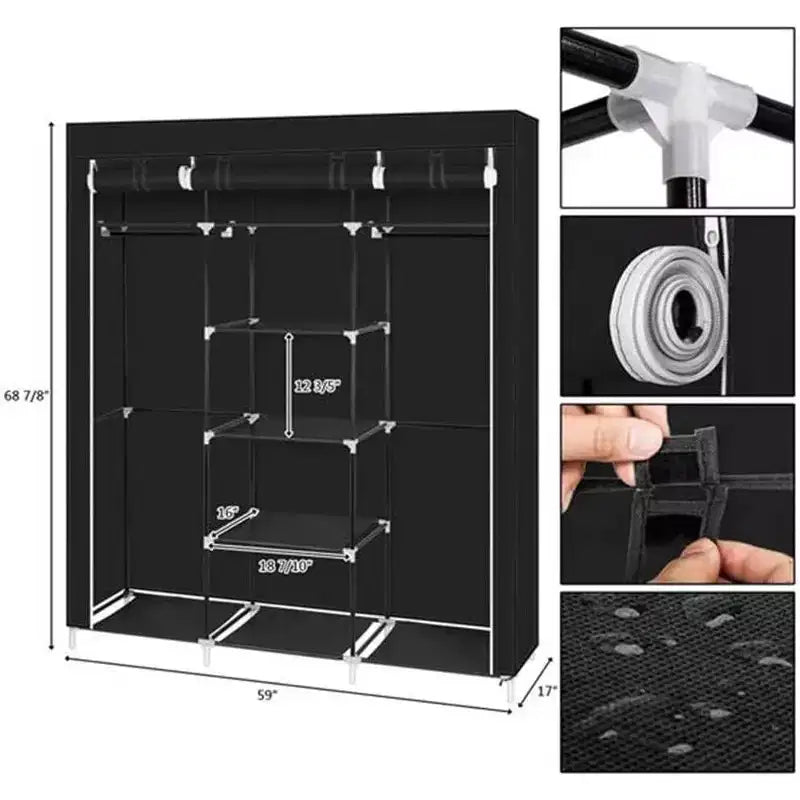 Armoire en Tissu Non-Tissé, Organisateur de Rangement 5 Niveaux 9 Cubes, 150x45x175cm, Noir, pour Maison et Dortoir
