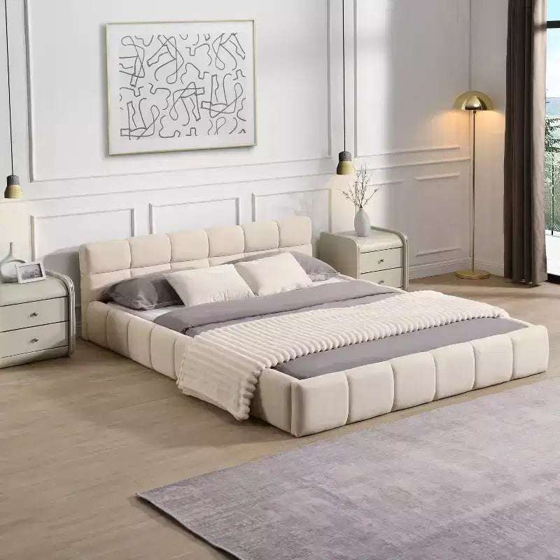 Queen/King Size Elegant Chenille Upholstered Platform Bed Frame, Checkerboard Design Bed, Beige - ModernLuxe