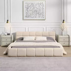 Cadre de lit plateforme élégant en chenille, format grand lit (Queen/King Size), motif damier, beige - ModernLuxe