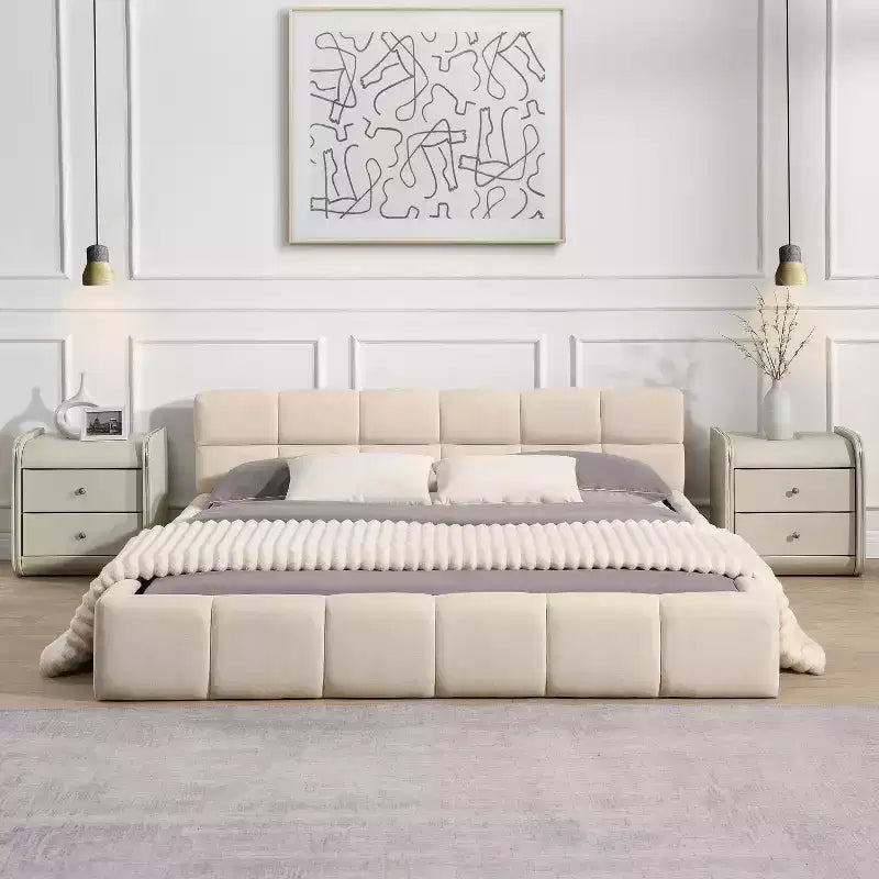 Cadre de lit plateforme élégant en chenille, format grand lit (Queen/King Size), motif damier, beige - ModernLuxe