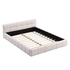 Cadre de lit plateforme élégant en chenille, format grand lit (Queen/King Size), motif damier, beige - ModernLuxe