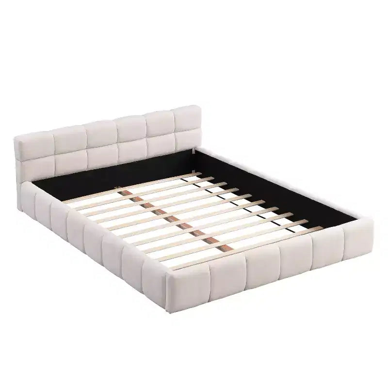 Cadre de lit plateforme élégant en chenille, format grand lit (Queen/King Size), motif damier, beige - ModernLuxe