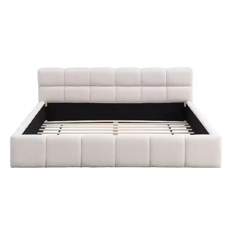Cadre de lit plateforme élégant en chenille, format grand lit (Queen/King Size), motif damier, beige - ModernLuxe