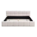 Cadre de lit plateforme élégant en chenille, format grand lit (Queen/King Size), motif damier, beige - ModernLuxe