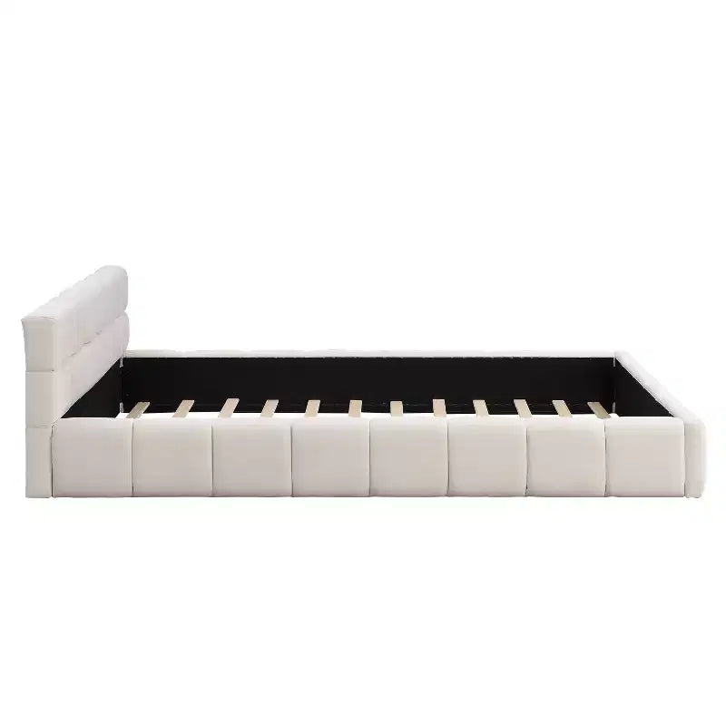 Cadre de lit plateforme élégant en chenille, format grand lit (Queen/King Size), motif damier, beige - ModernLuxe