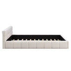 Cadre de lit plateforme élégant en chenille, format grand lit (Queen/King Size), motif damier, beige - ModernLuxe