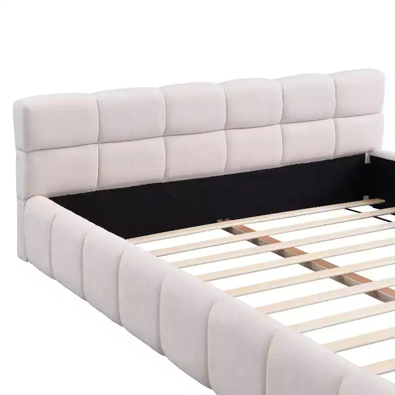 Cadre de lit plateforme élégant en chenille, format grand lit (Queen/King Size), motif damier, beige - ModernLuxe