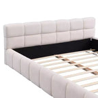 Cadre de lit plateforme élégant en chenille, format grand lit (Queen/King Size), motif damier, beige - ModernLuxe