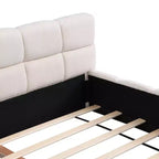 Cadre de lit plateforme élégant en chenille, format grand lit (Queen/King Size), motif damier, beige - ModernLuxe