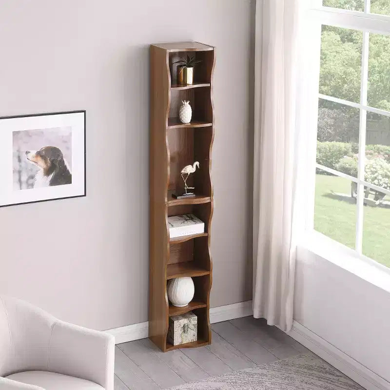 VIYET 718-Étagère ultra-mince réglable, Présentoir en MDF Noyer avec bordure ondulée (Organisateur de bureau amovible)