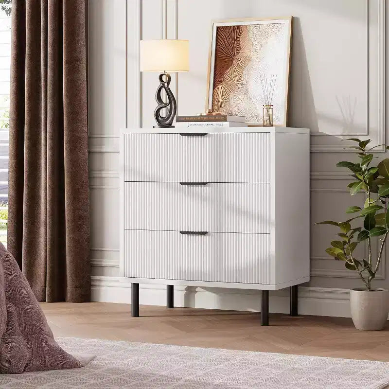 Commode 3 tiroirs Acekool, armoire de rangement moderne à panneaux ondulés, organiseur de chambre robuste pour salon ou entrée