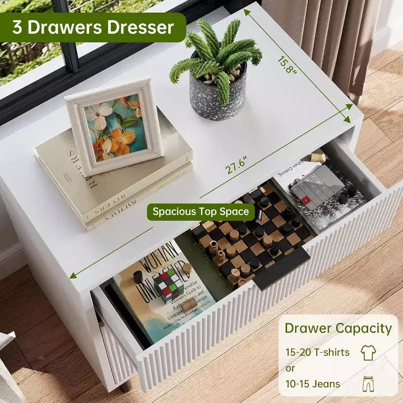 Commode 3 tiroirs Acekool, armoire de rangement moderne à panneaux ondulés, organiseur de chambre robuste pour salon ou entrée